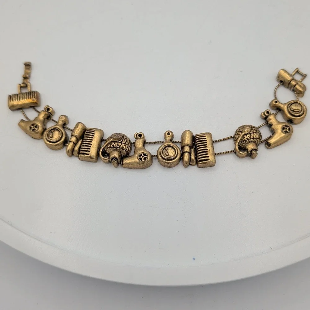 Vintage Gold Tone Hairdresser Salon Stylist Charm Bracelet Comb Mirror Dryer‎